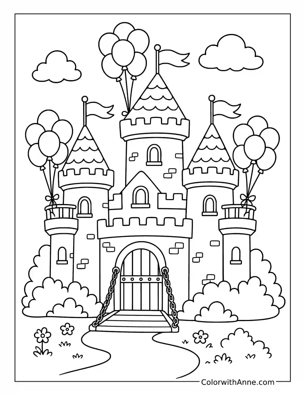 Floating Balloons Around a Fairytale Castle coloring page