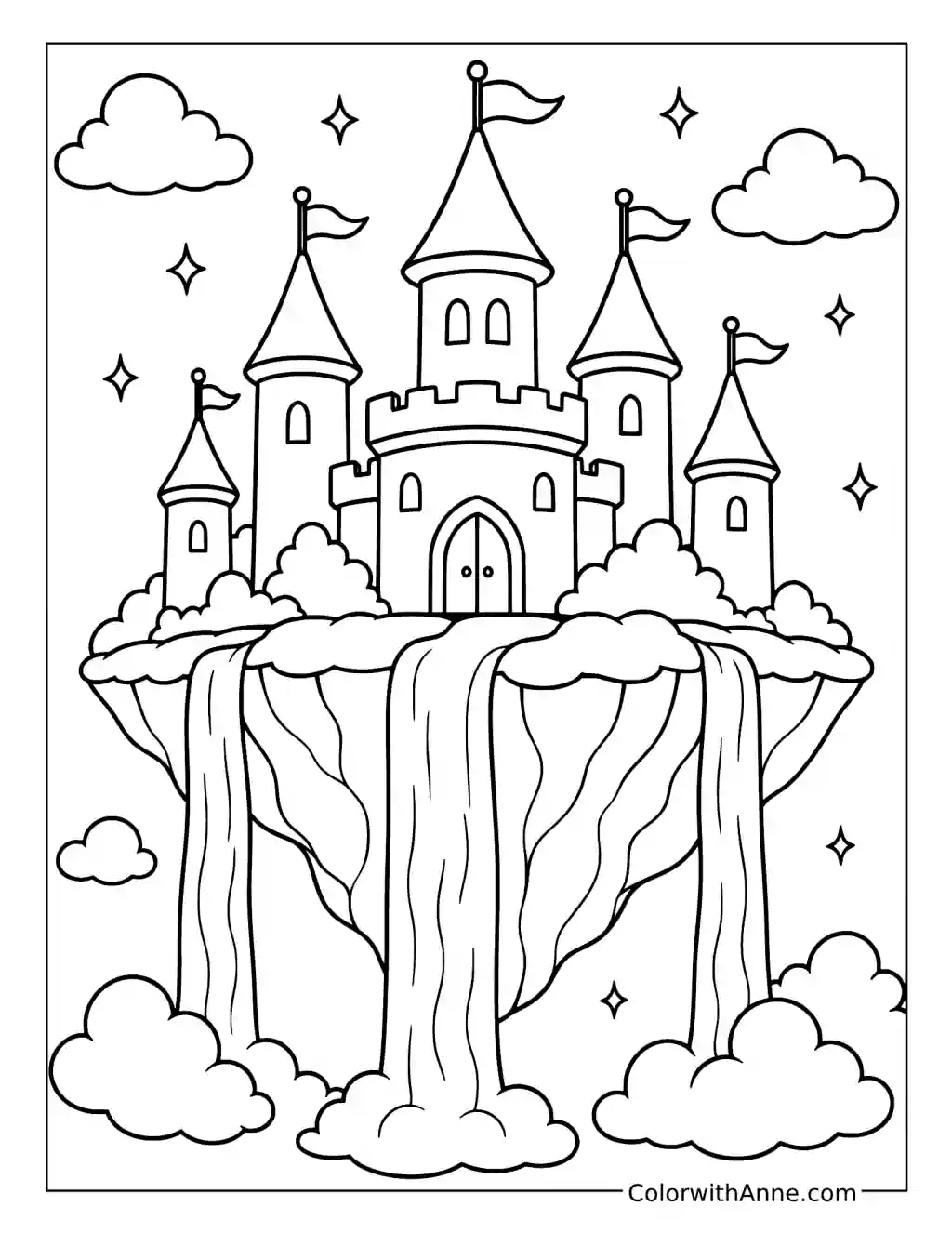 Floating Waterfall Castle coloring page