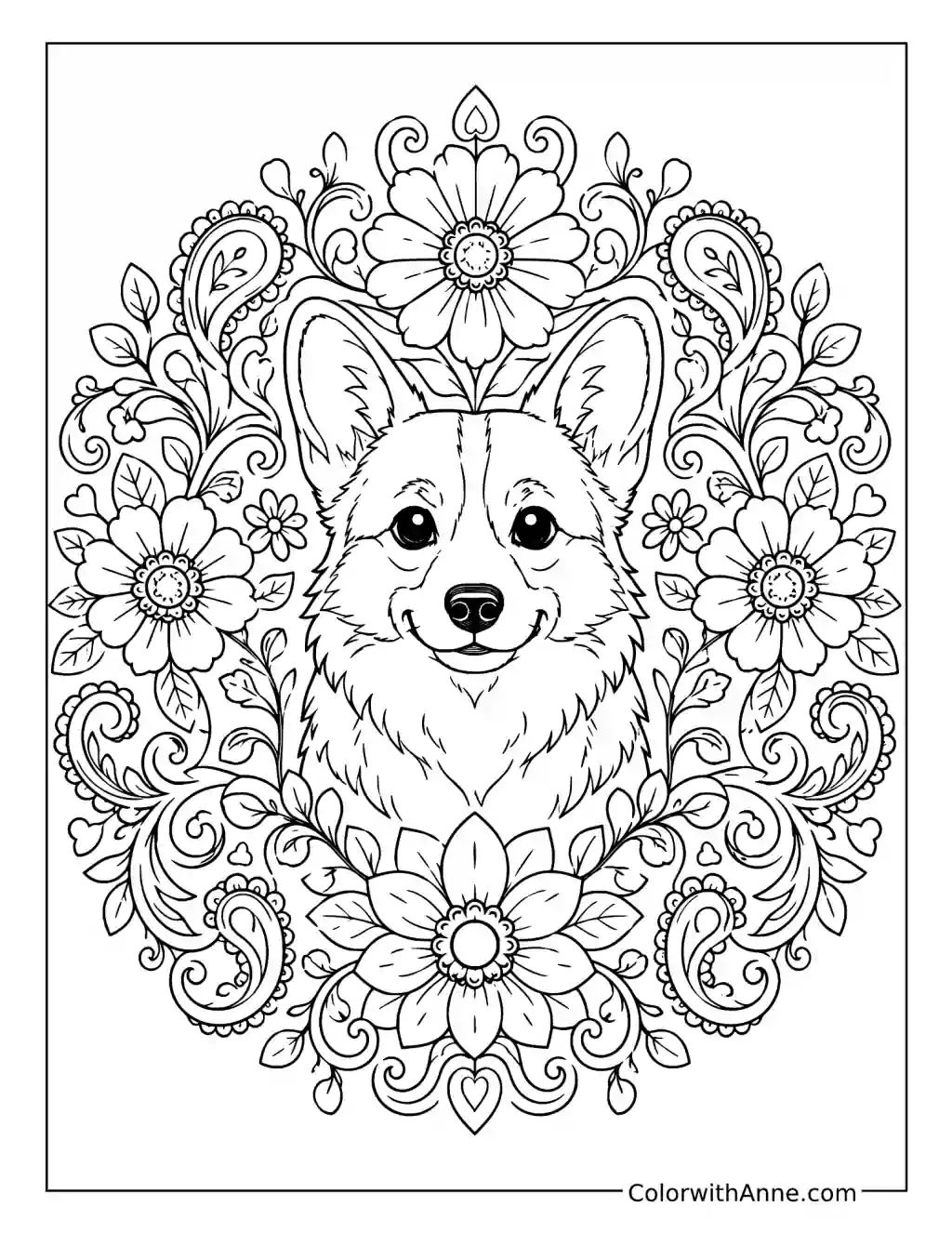 Floral Corgi Mandala coloring page