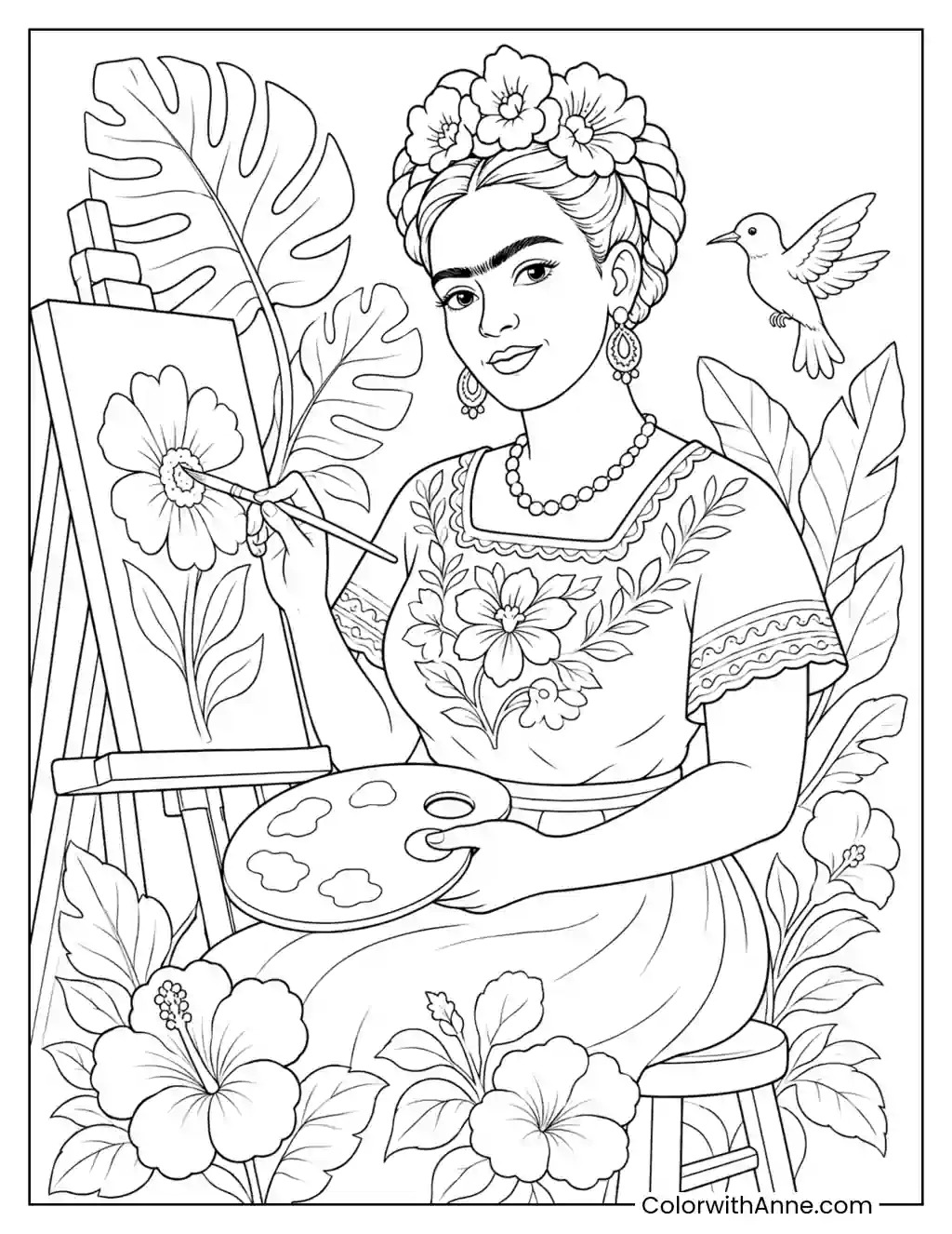 Floral Crown Painter at Her Easel coloring page