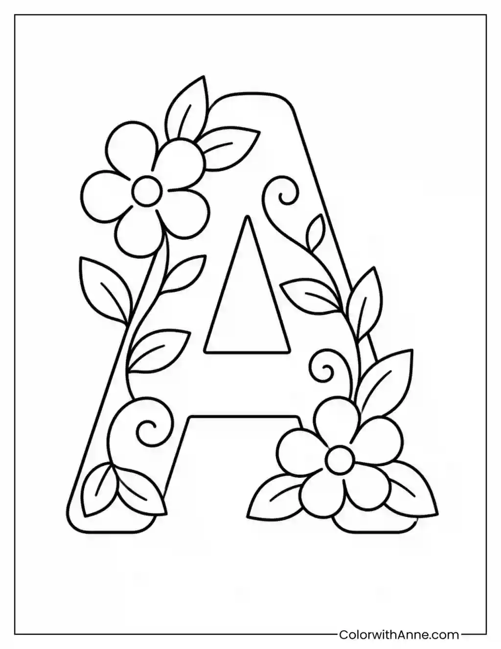 Floral Letter A with Leaves and Blossoms coloring page