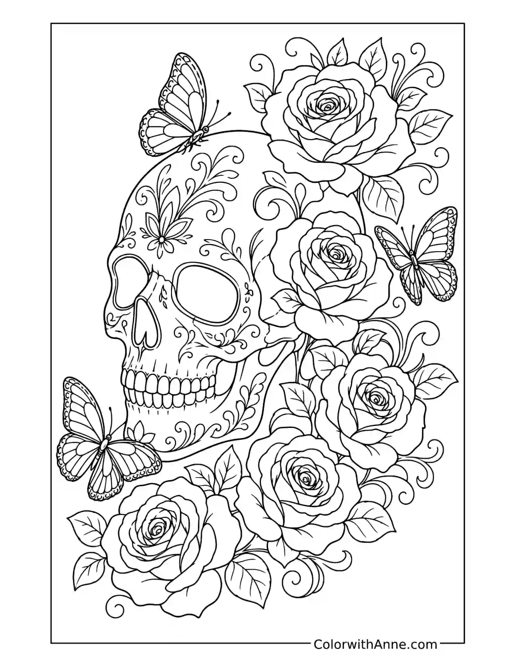 Floral Skull with Roses and Butterflies coloring page