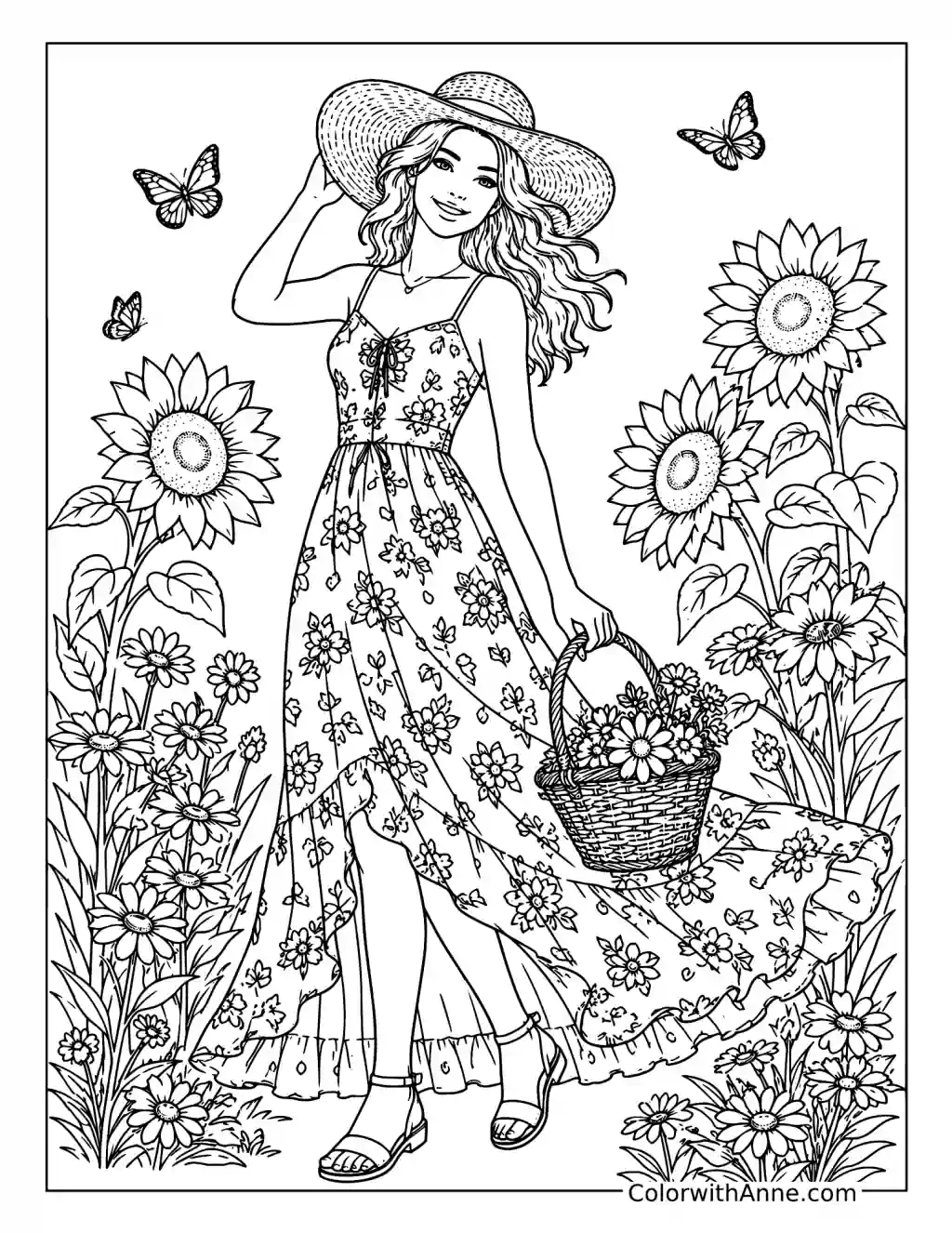 Floral Sundress in a Sunlit Field coloring page