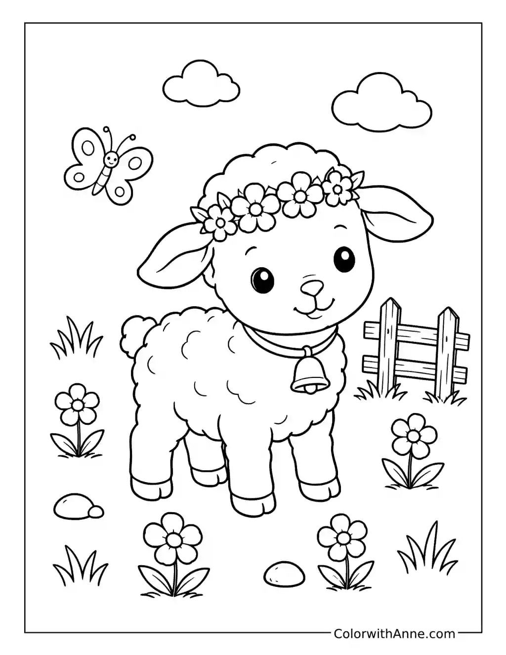 Flower-Crowned Lamb in the Meadow coloring page