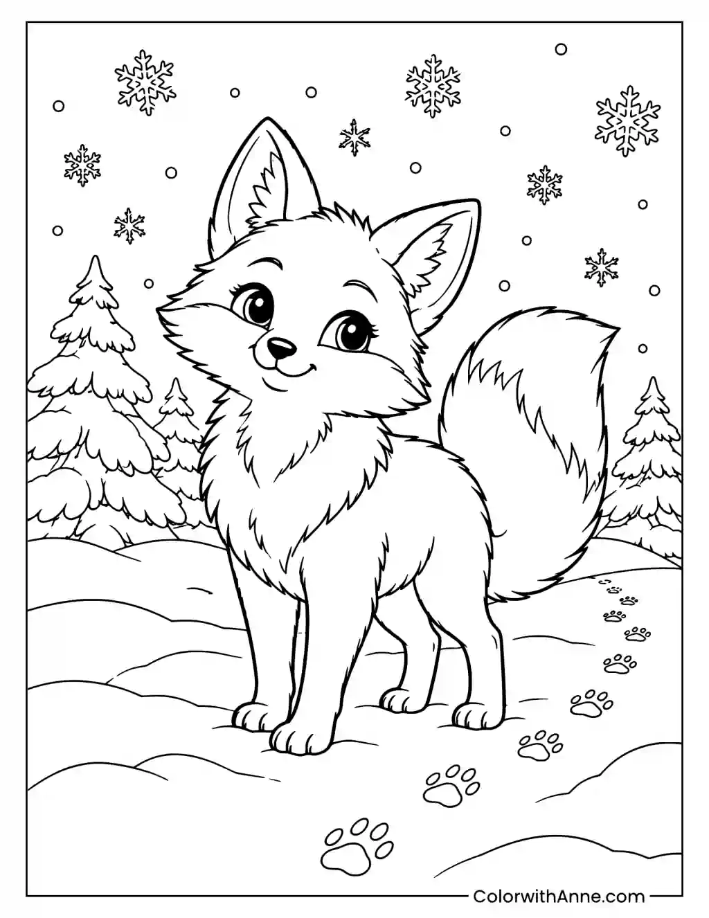 Fluffy Fox in the Snow Coloring Page