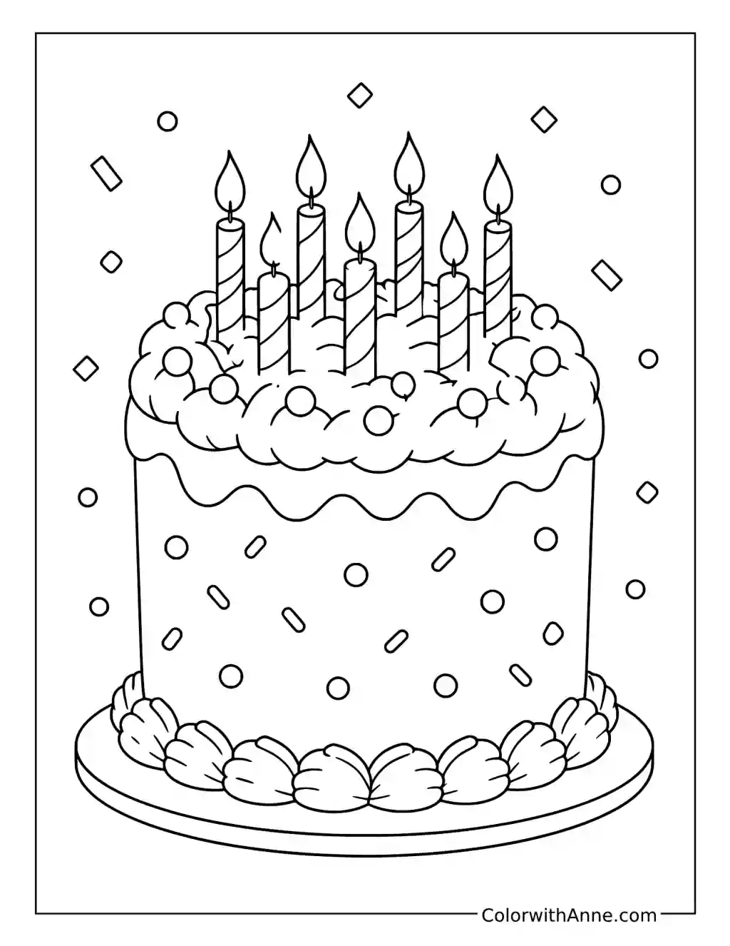 Fluffy Frosting Birthday Cake with Seven Candles coloring page