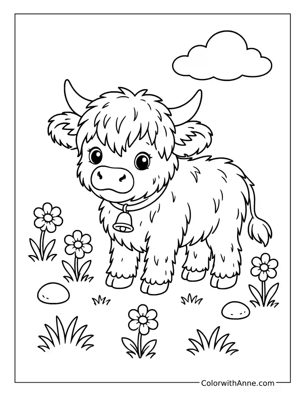 Fluffy Highland Cow in a Meadow coloring page