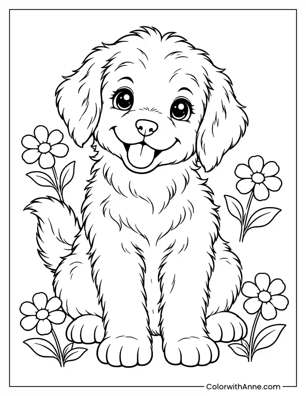 Fluffy Puppy with Flowers Coloring Page