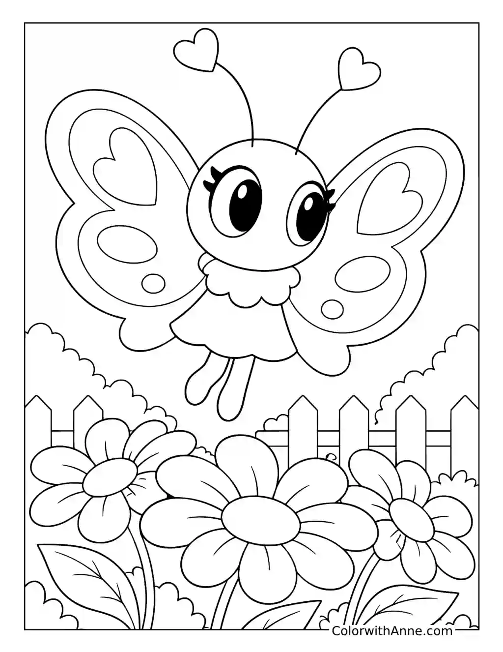 Flutter hovers above large flowers with a picket fence and leafy bushes behind her.