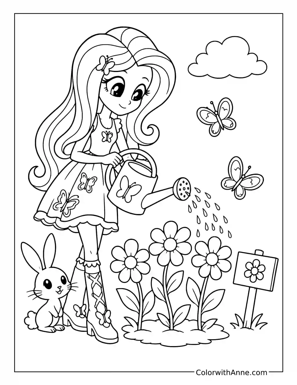 Fluttershy Watering Flowers coloring page