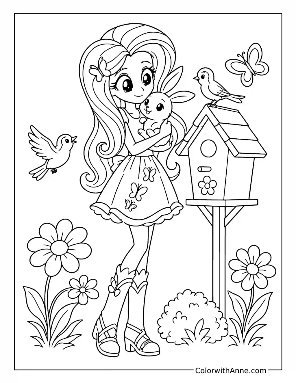 Fluttershy with Bunny and Birdhouse coloring page