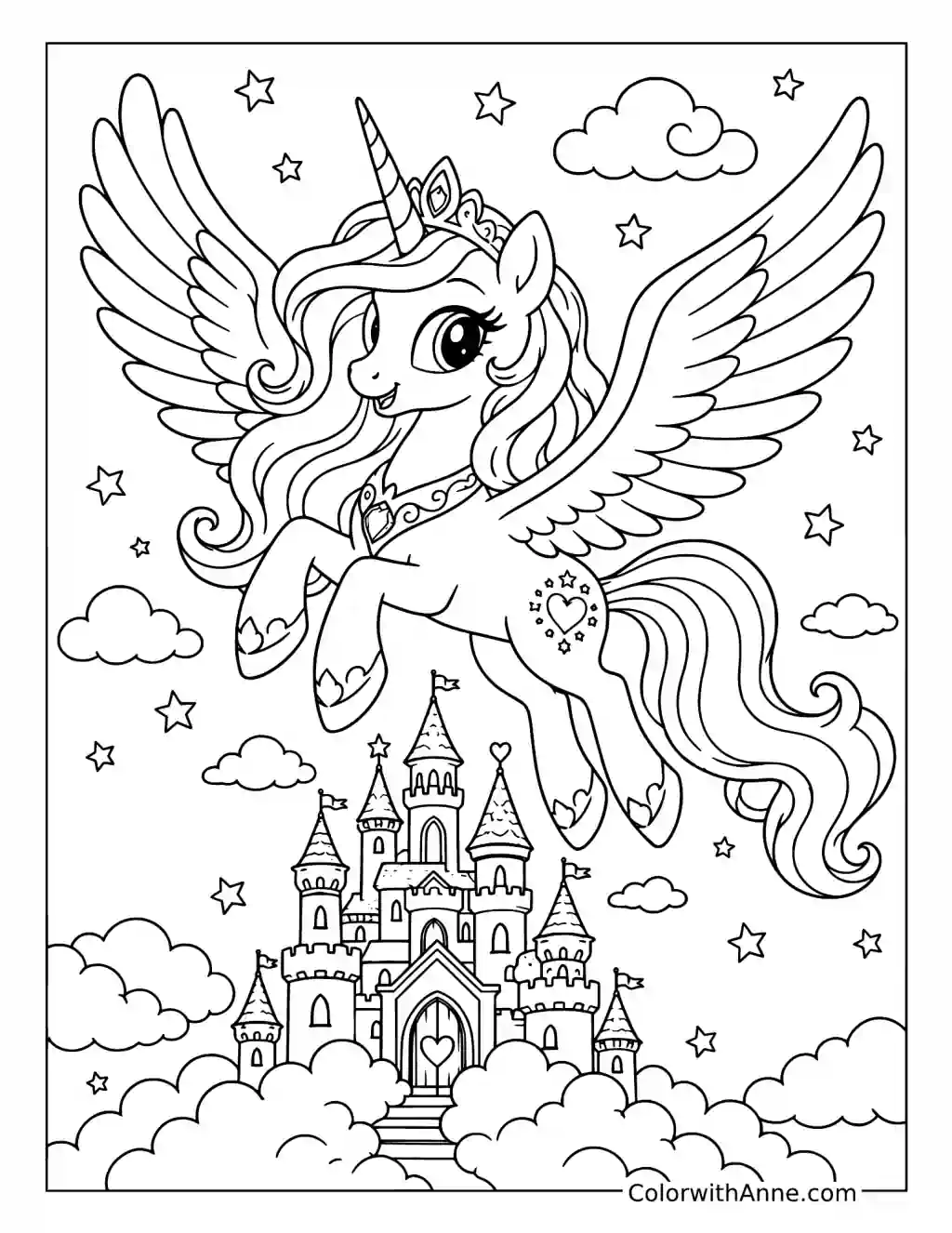 Flying Alicorn Above a Cloud Castle coloring page