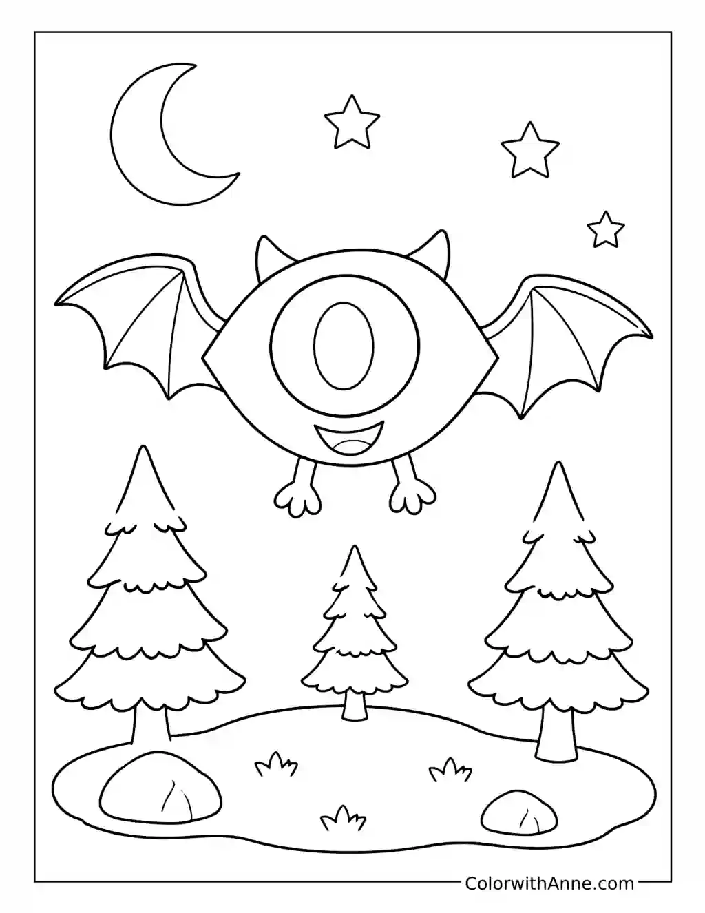 Flying Eyebat over the Forest coloring page