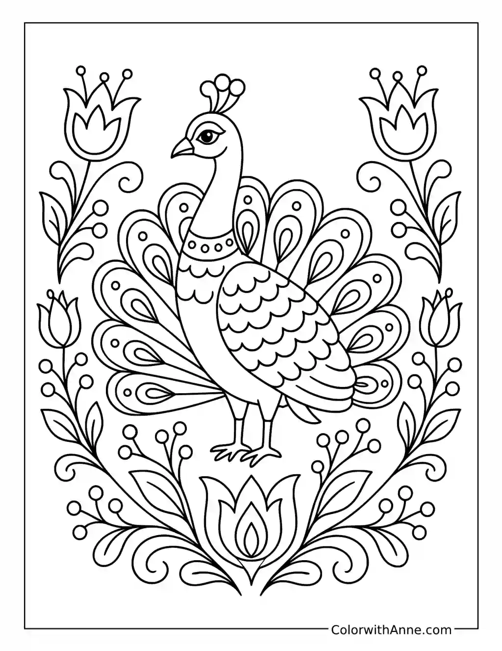 Folk Art Peacock with Tulips coloring page