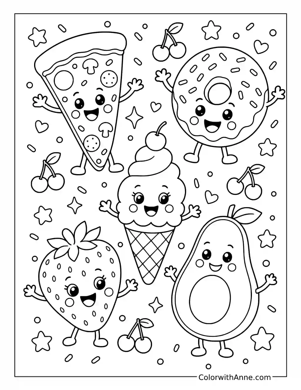 Food Emojis with Pizza Doughnut and Ice Cream coloring page