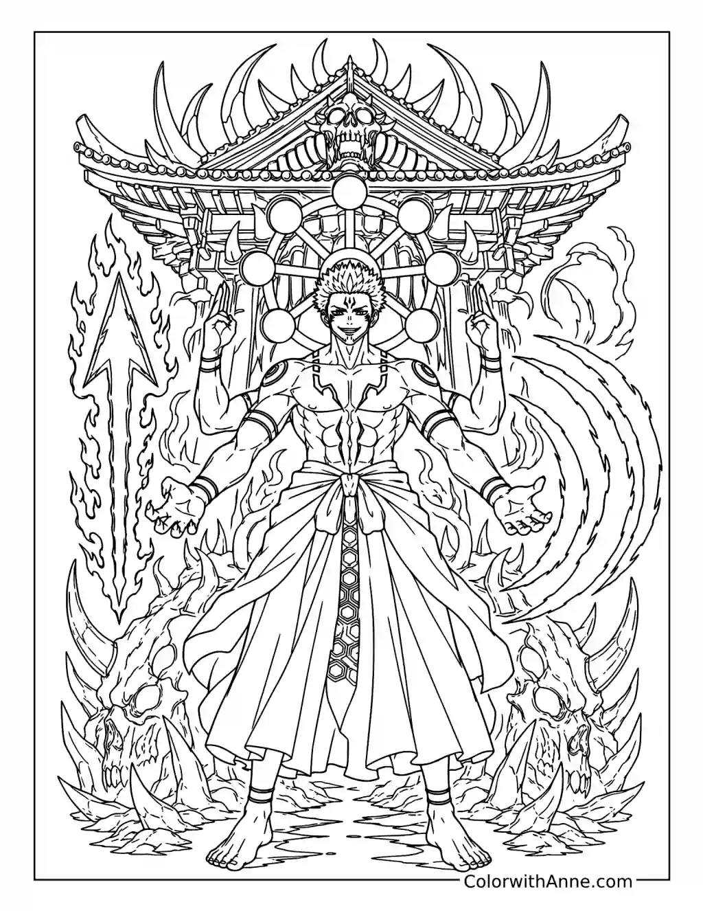 Four-Armed Sukuna at the Cursed Shrine coloring page