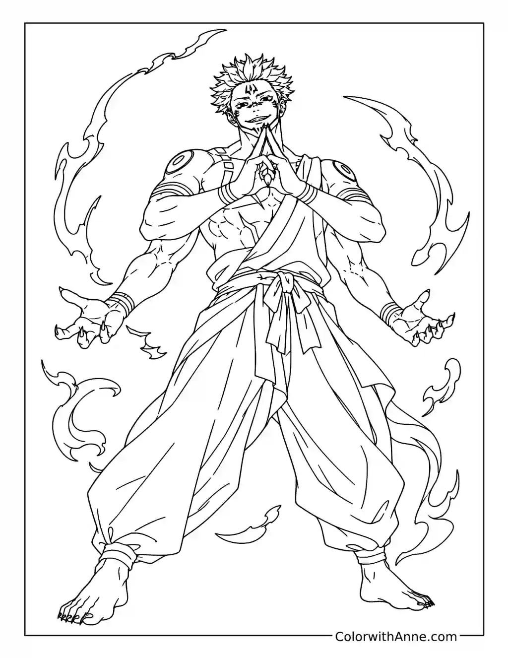 Four-Armed Sukuna Summoning Cursed Flames coloring page