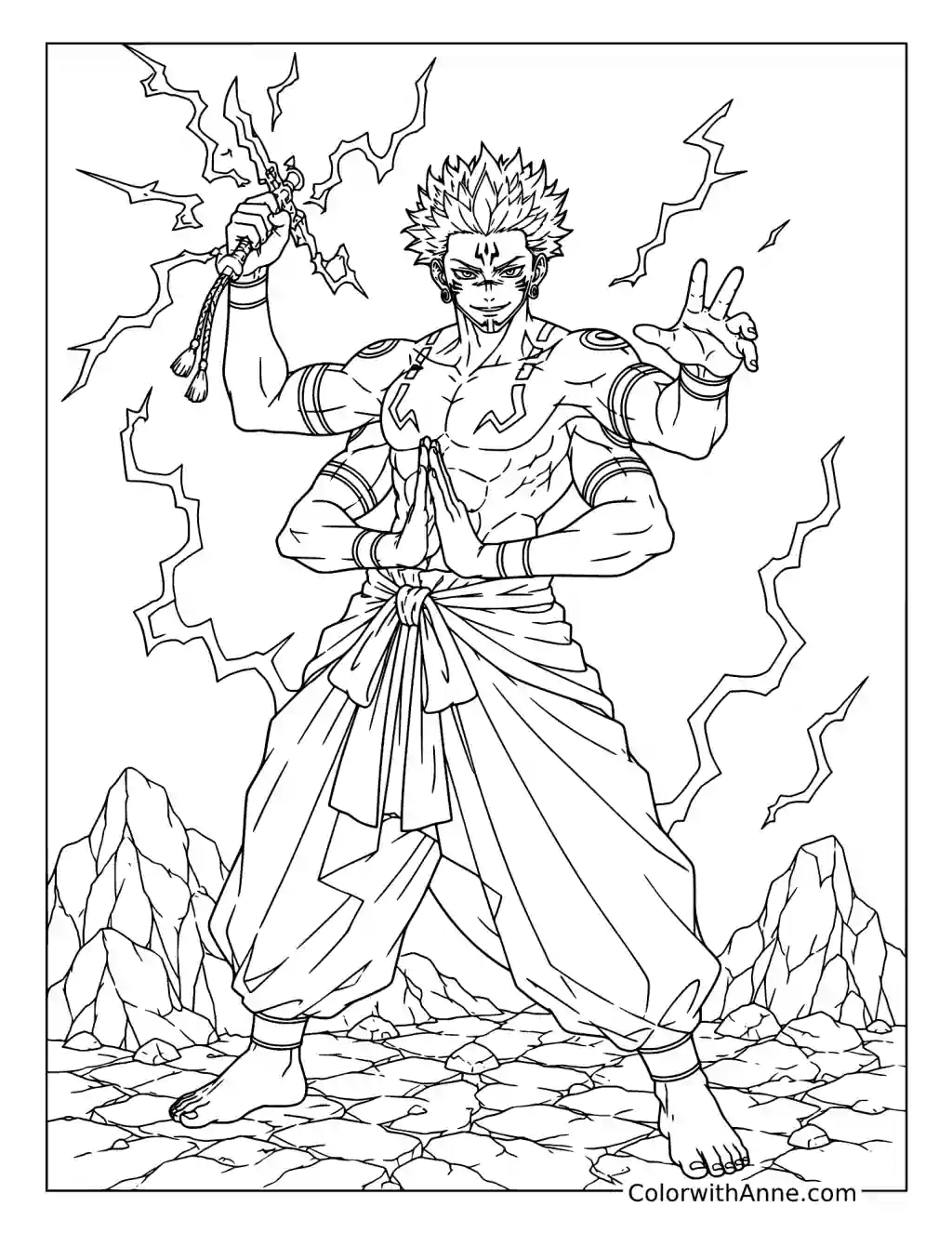 Four-Armed Sukuna Wielding Lightning coloring page