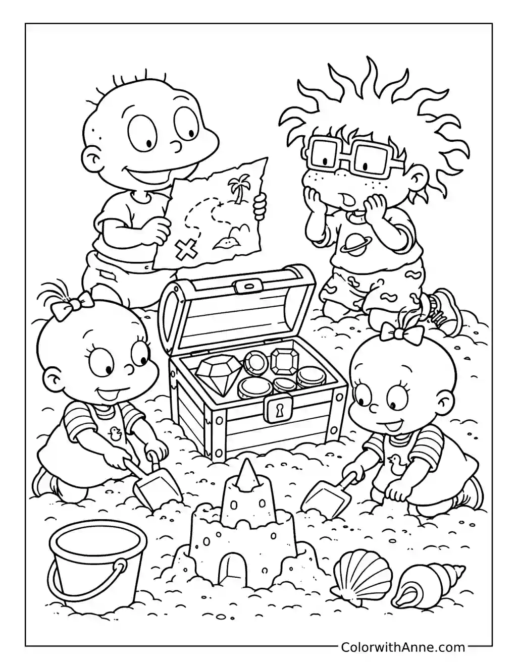 Four Children and a Treasure Chest coloring page