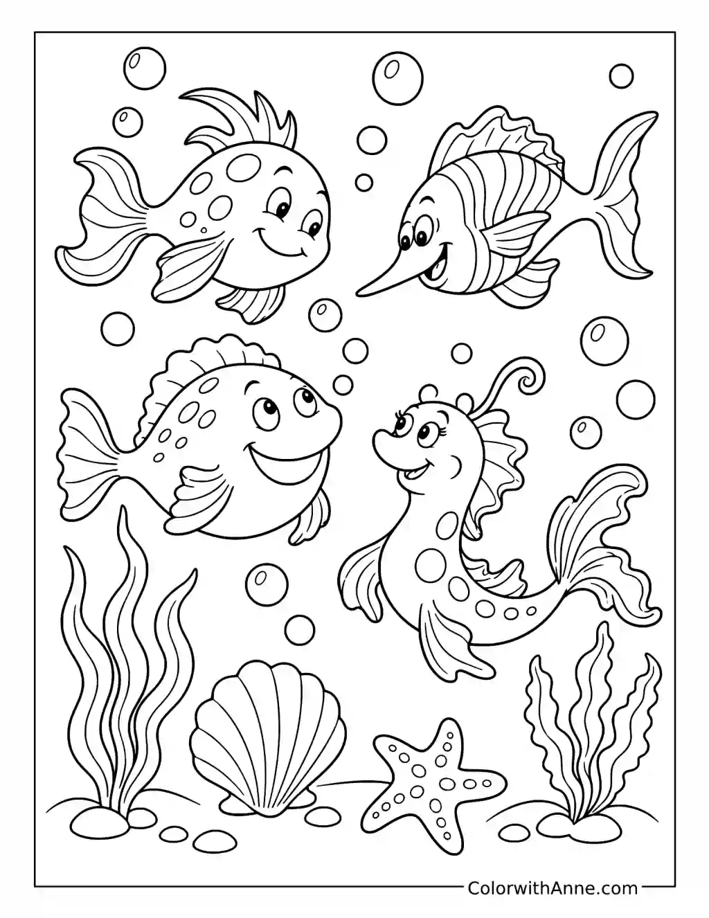 Four Funny Fish in Bubbles coloring page
