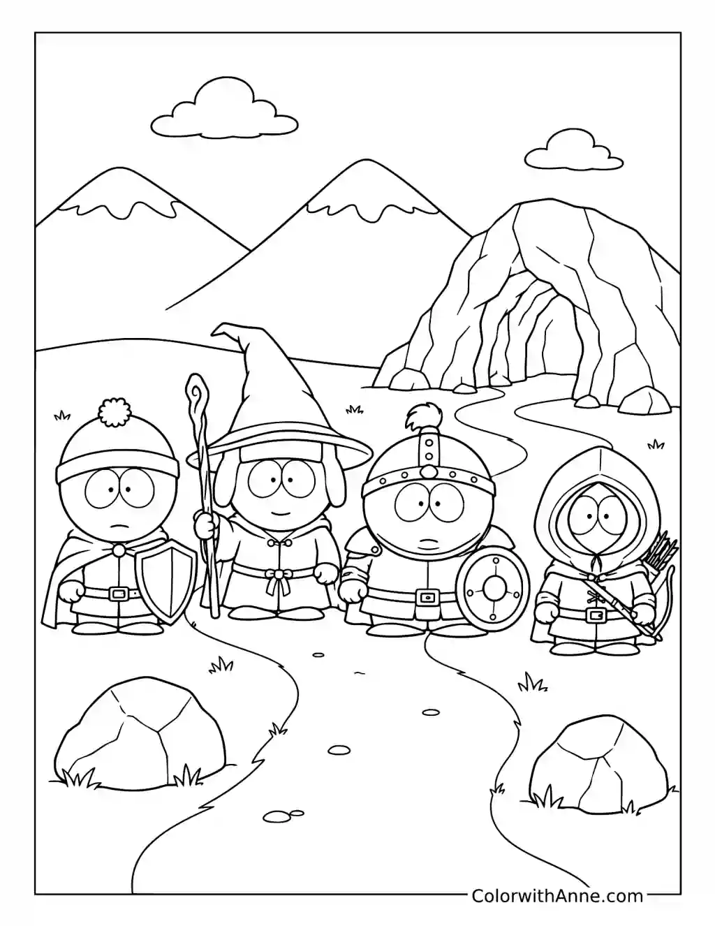 Four Heroes on a Fantasy Quest coloring page