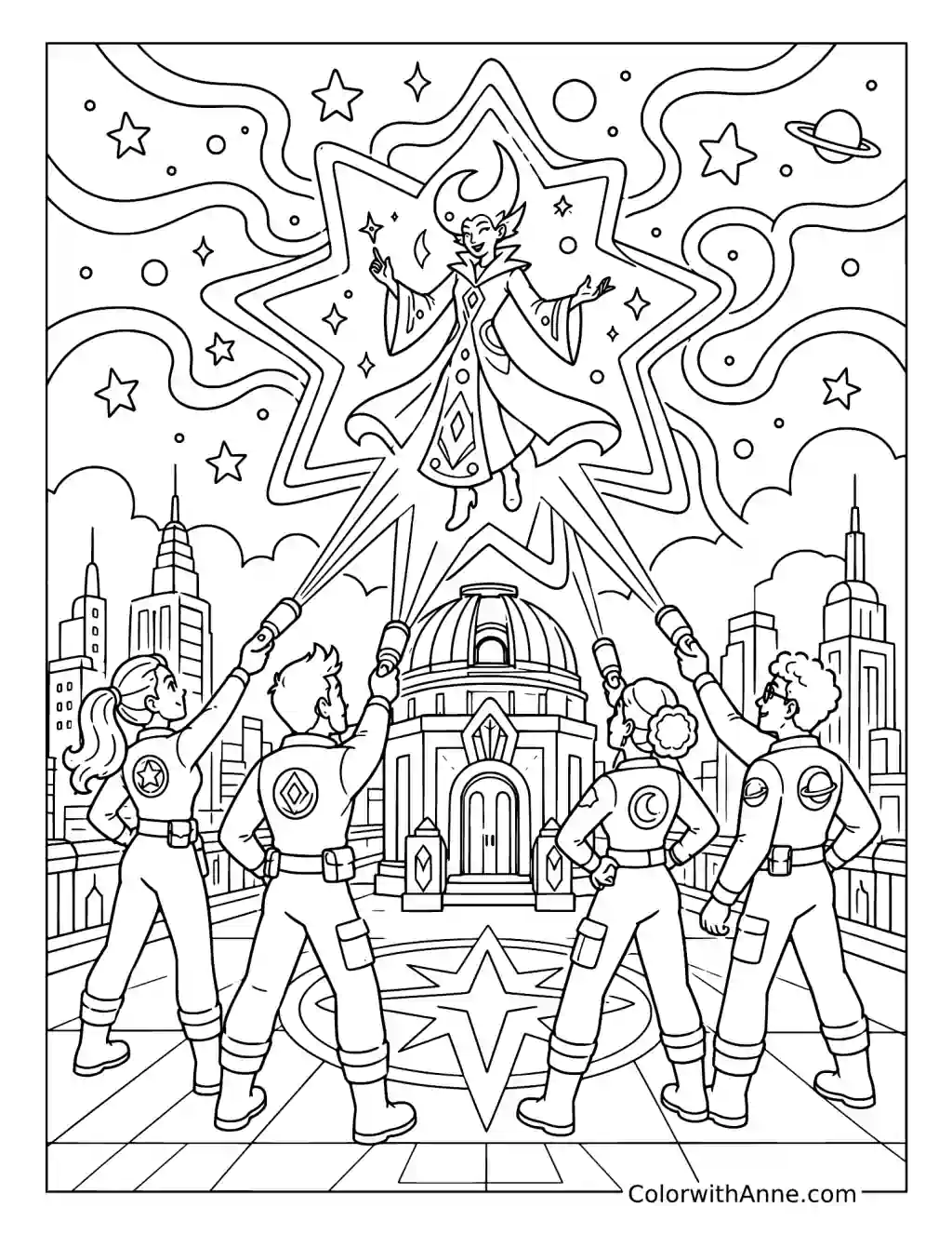 Four Investigators Aiming at a Caped Spirit in a Star-Shaped Portal coloring page