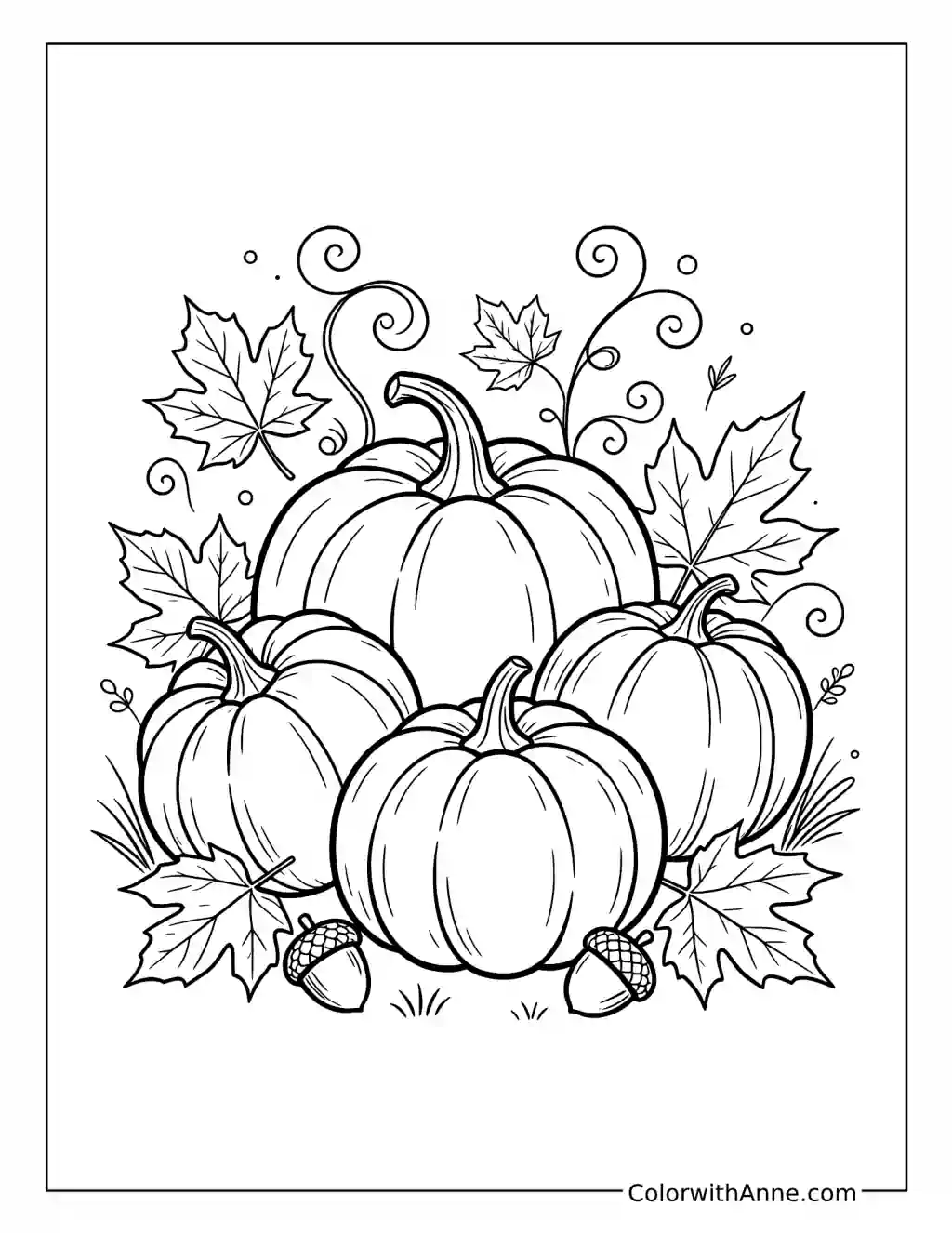 Four Pumpkins with Autumn Leaves and Acorns coloring page