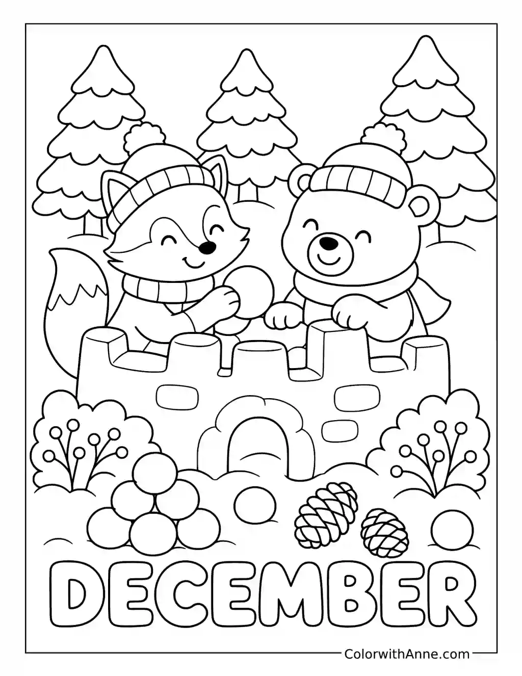 Fox and Bear Building a Snow Fort coloring page
