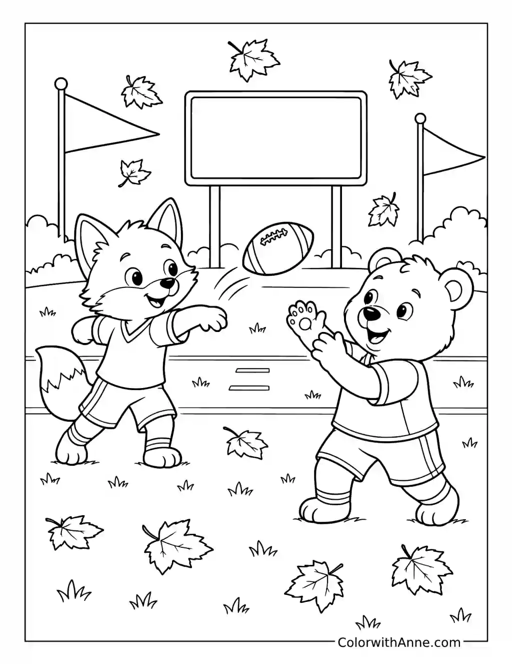 Fox and Bear Playing Football in Autumn coloring page