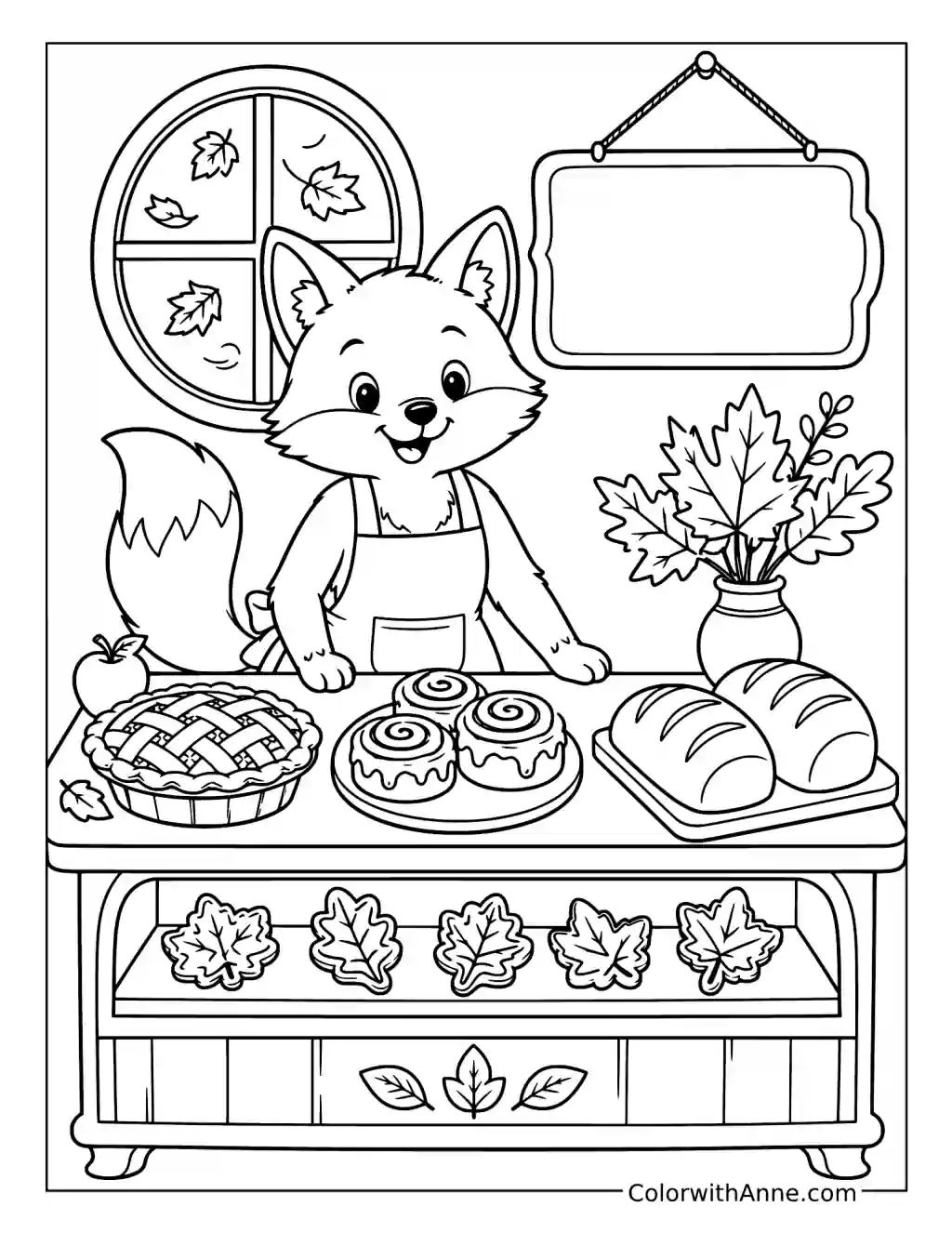 Fox Baker Selling Autumn Pies Rolls and Bread coloring page