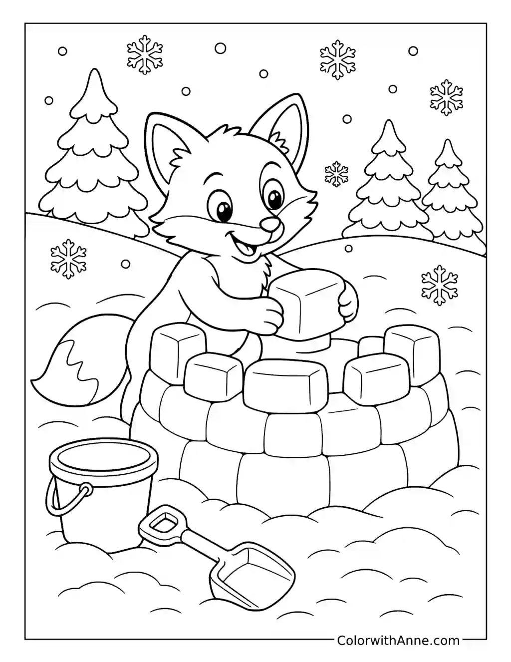 Fox Building a Snow Fort coloring page