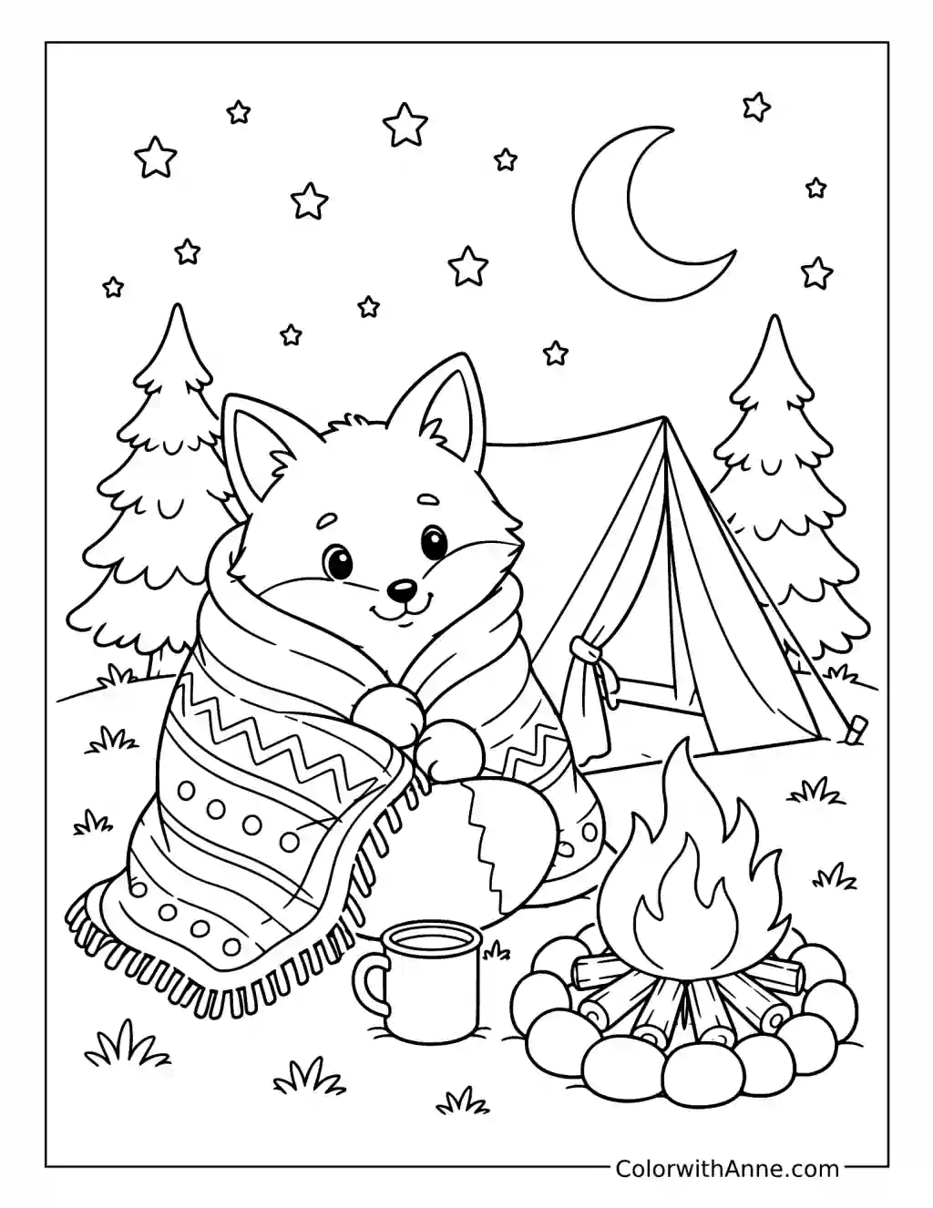 Fox Camping Under the Stars coloring page