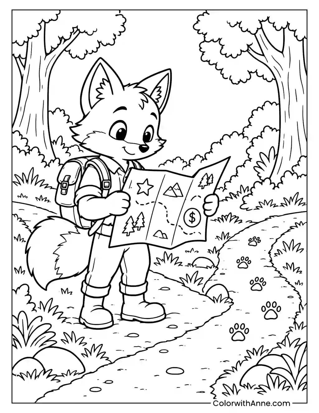 Fox Explorer Holding a Map Coloring Page