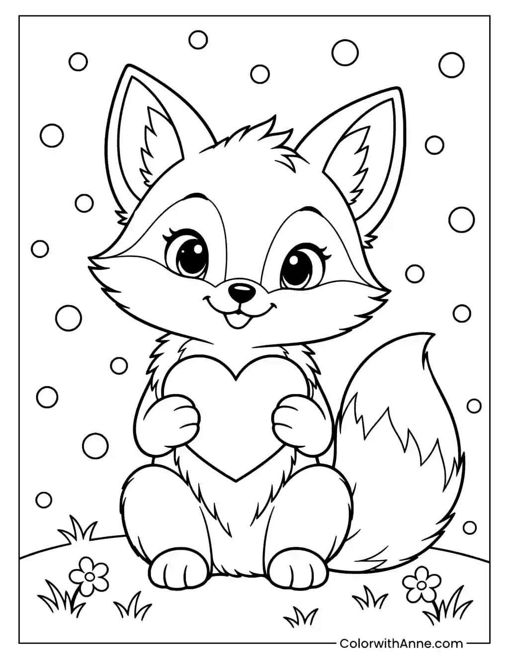 Fox Holding a Heart on a Dotted Background Coloring Page