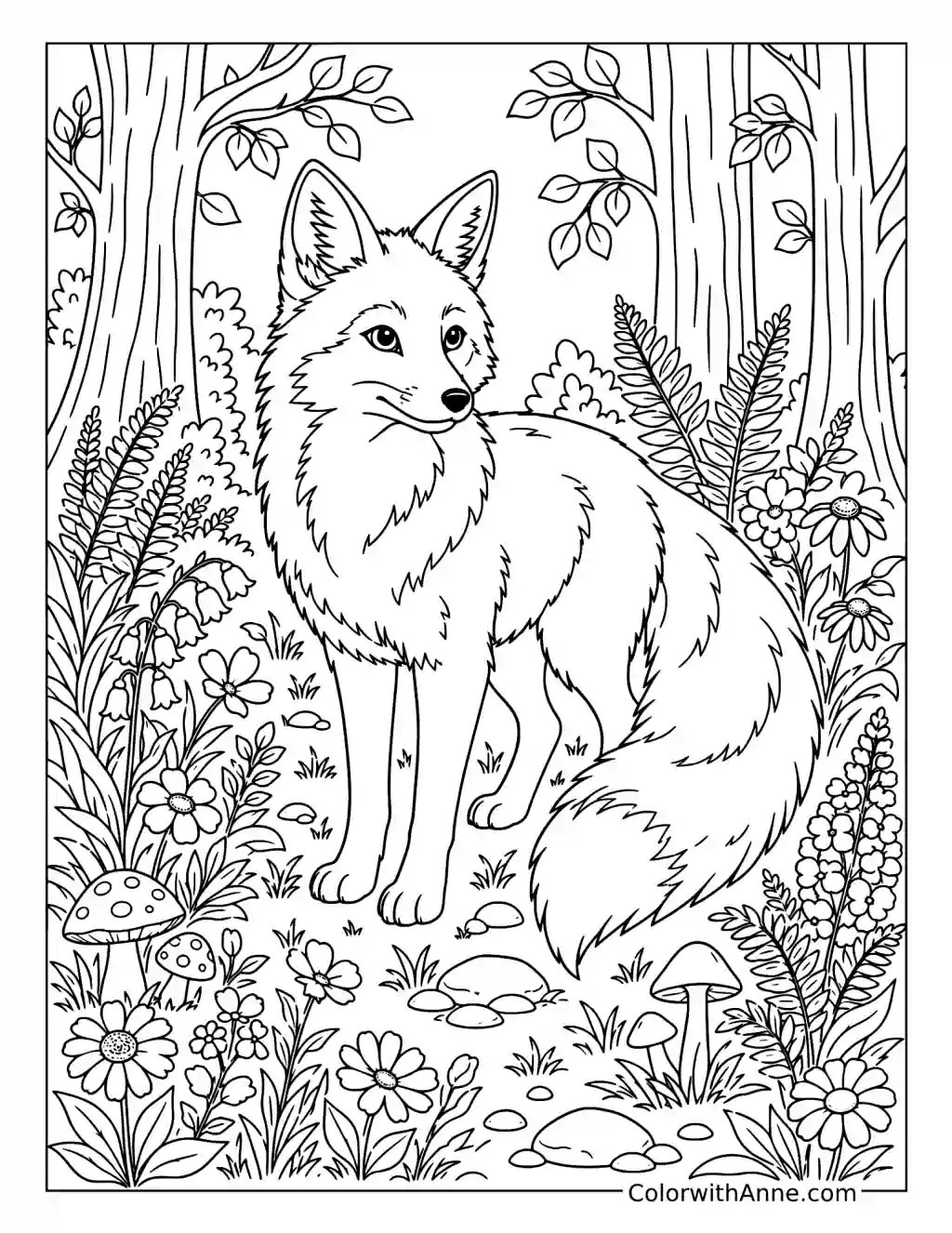 Fox in a Wildflower Forest coloring page