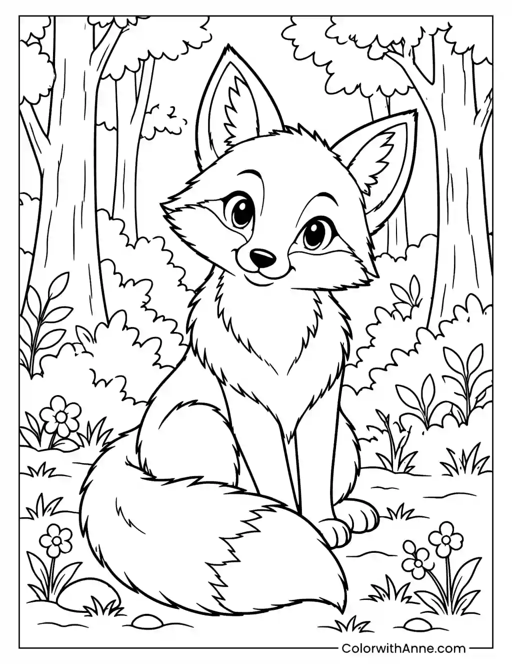 Fox in the Forest Coloring Page for Kids