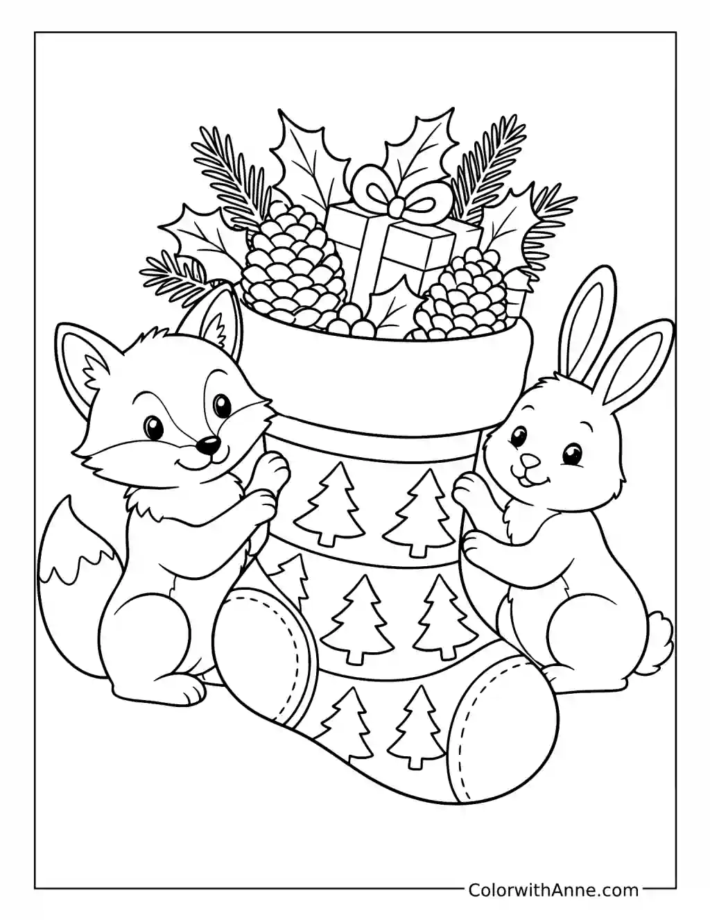 Fox, Rabbit, and Festive Stocking coloring page