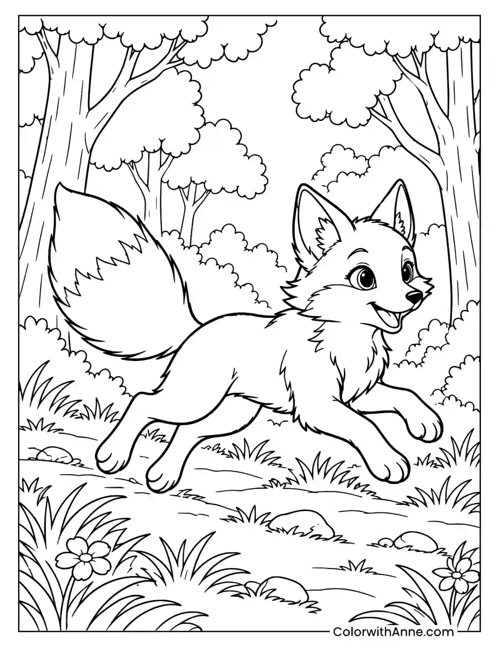 Fox Running Through the Woods Coloring Page