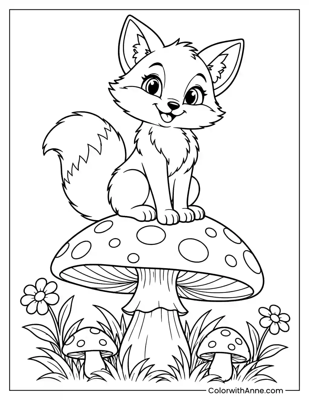 Fox Sitting on a Spotted Mushroom Coloring Page