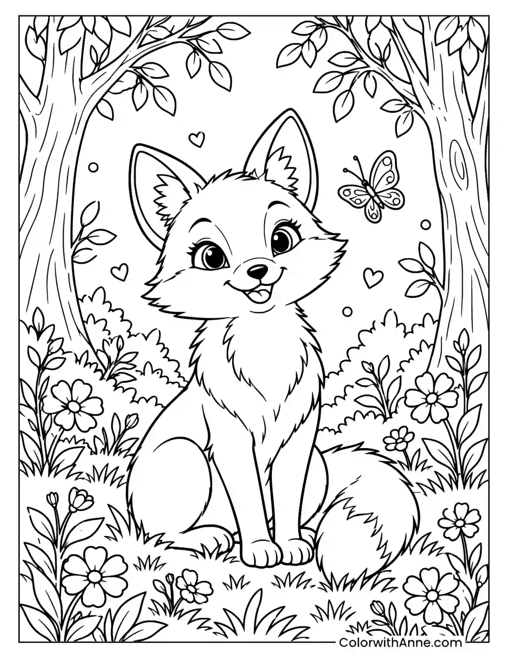 Fox Smiling in the Forest Coloring Page