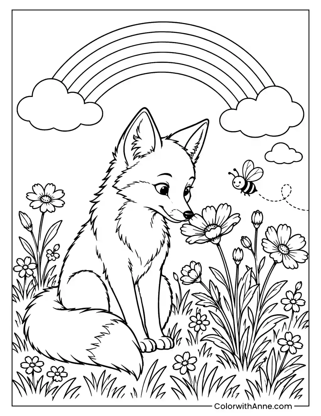 Fox Sniffing Wildflowers Coloring Page