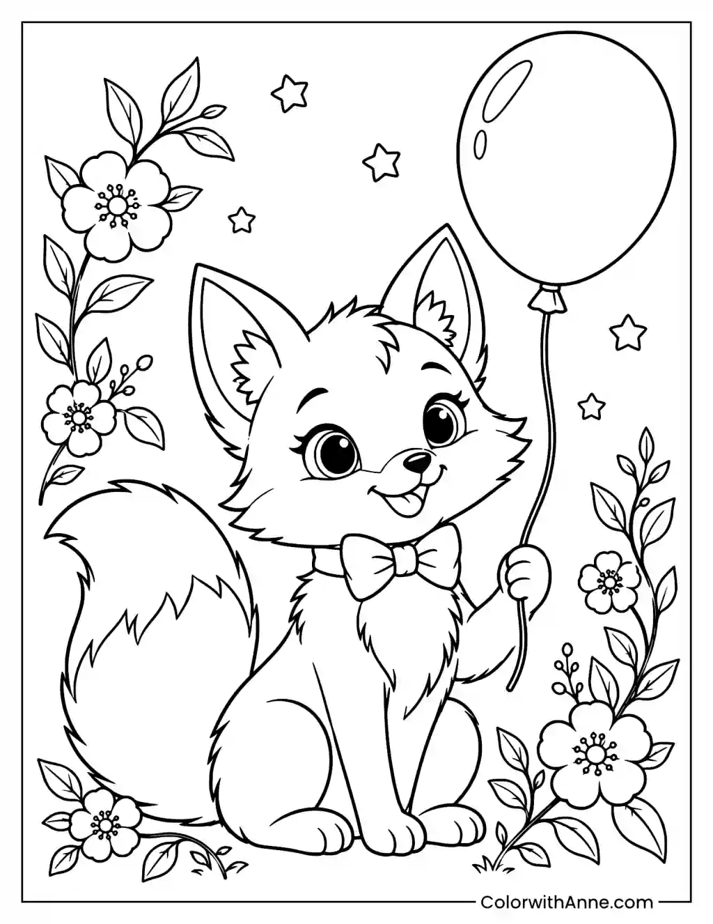 Fox with a Flower Frame and Balloon Coloring Page