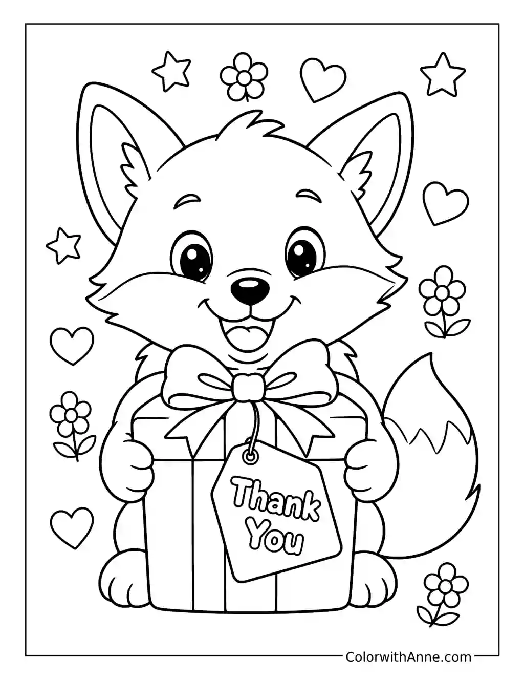 Fox with Thank You Gift Box coloring page
