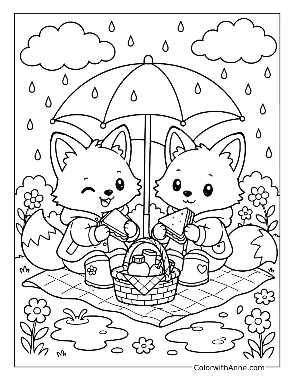 Foxes Picnicking under an Umbrella coloring page