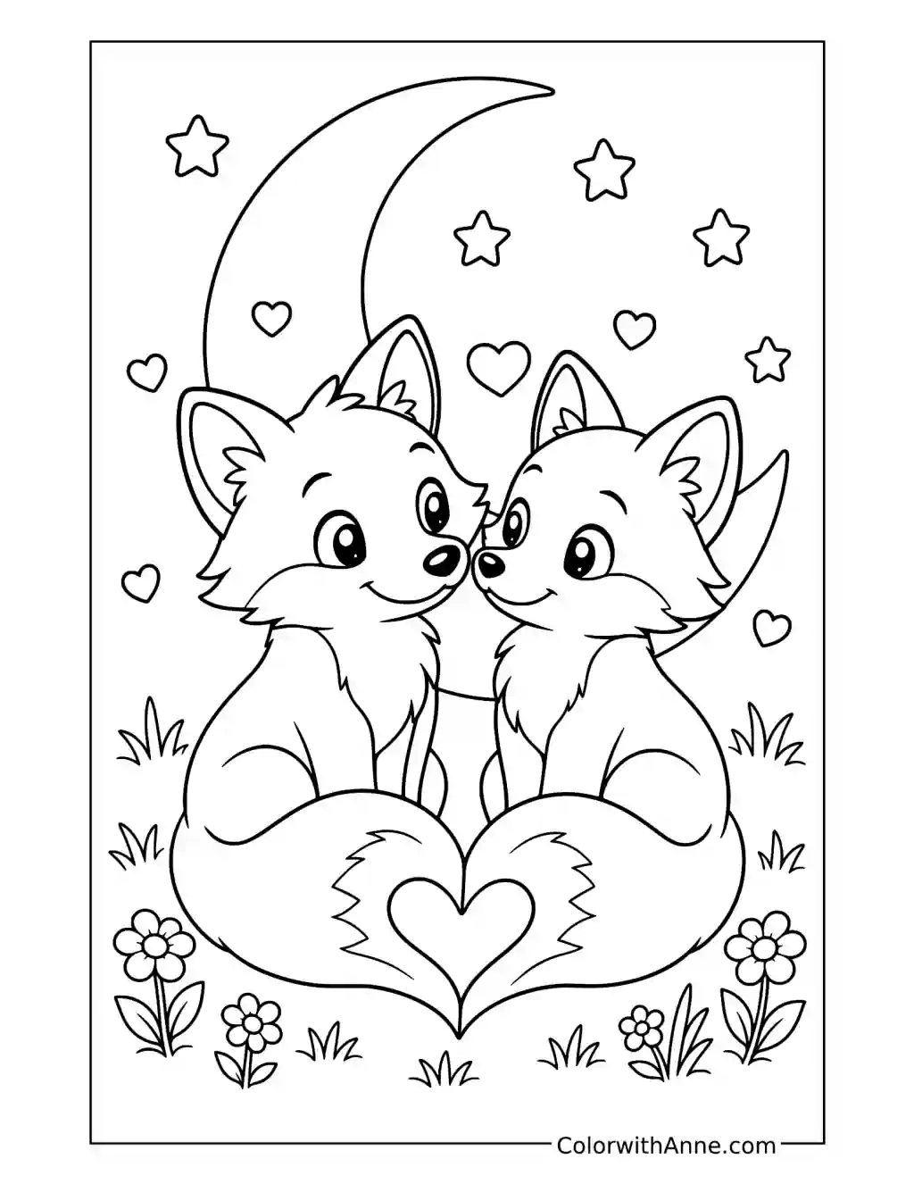 Foxes with Heart-Shaped Tails beneath the Moon coloring page