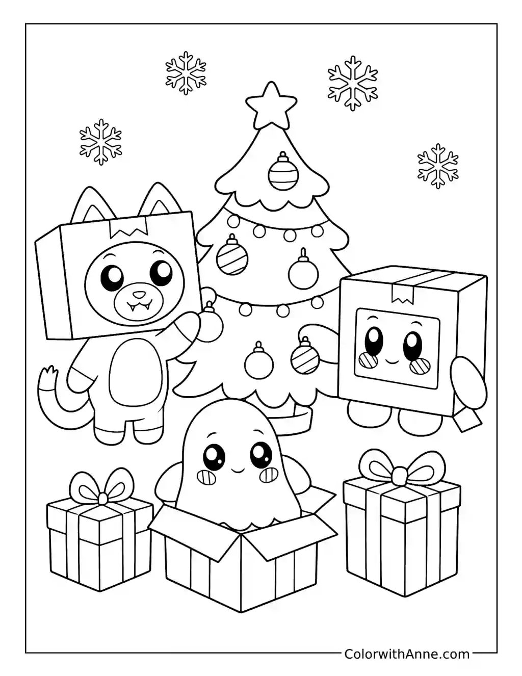 Foxy Boxy and Ghosty Opening Christmas Gifts coloring page
