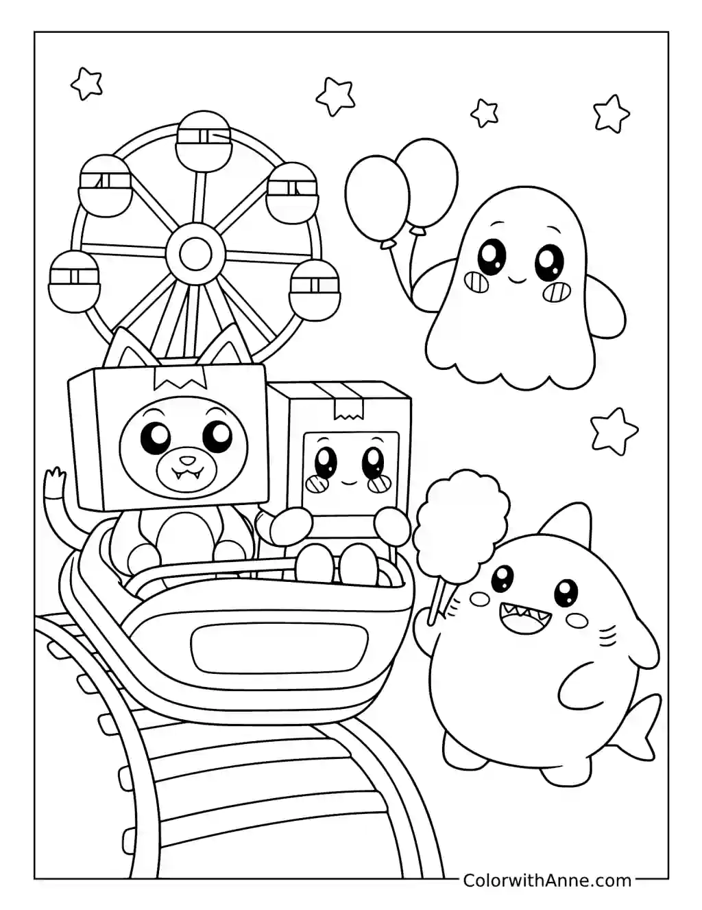Foxy Boxy Ghosty and Sharky at an Amusement Park coloring page