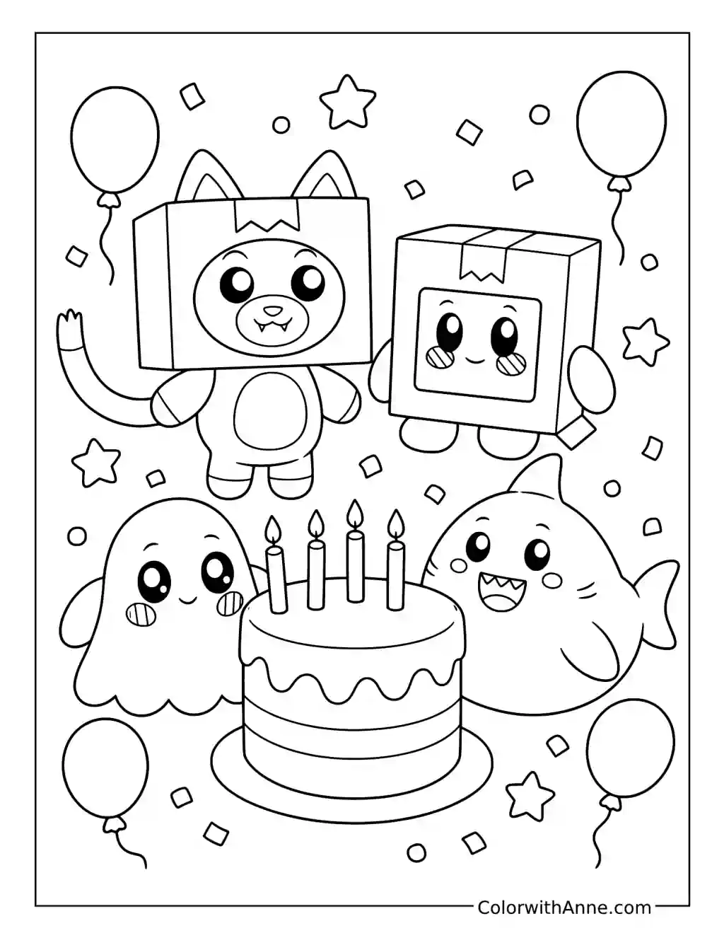 Foxy Boxy Ghosty and Sharky Celebrating a Birthday coloring page