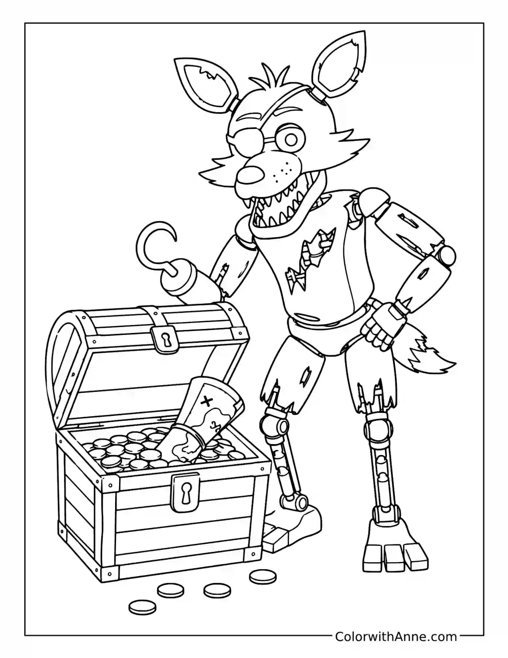 Foxy Guarding a Treasure Chest coloring page