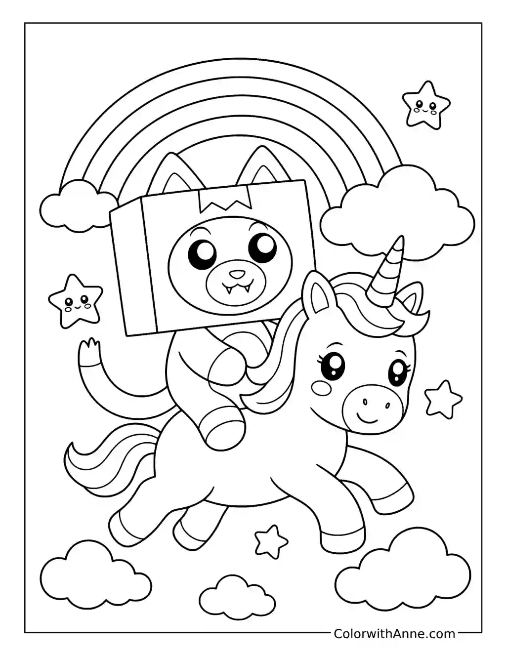 Foxy Riding a Unicorn Beneath a Rainbow coloring page